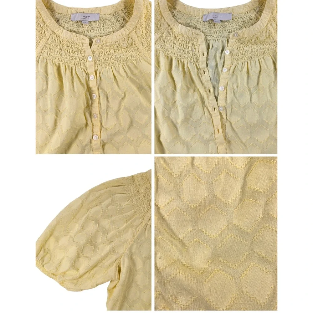 LOFT Textured Geometric 100% Cotton pastel yellow peasant blouse womens small